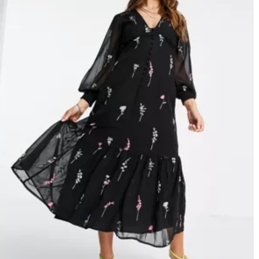 ASOS DESIGN button through embroidered maxi tea dress | Black